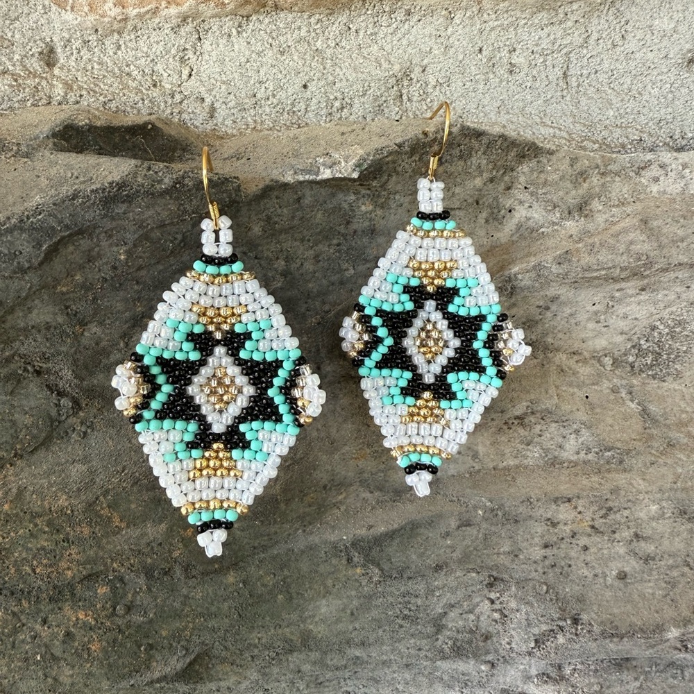 Handcrafted Beaded Earrings in Turquoise and Gold